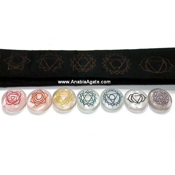 Crystal Quartz Colorful Chakra Engraved Disc Set with Velvet Purse