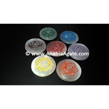 Selenite Colorful Chakra Engraved Disc Set - Balancing Stones