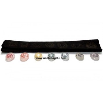 Crystal Quartz Colorful Chakra Engraved Oval Set with Velvet Purse | Balance and Harmony Collection