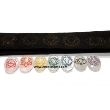 Crystal Quartz Colorful Chakra Engraved Oval Set with Velvet Purse | Balance and Harmony Collection