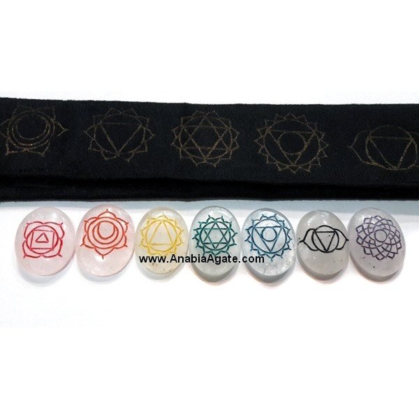 Crystal Quartz Colorful Chakra Engraved Oval Set with Velvet Purse | Balance and Harmony Collection