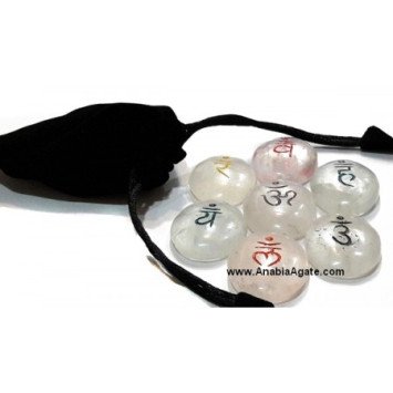 Crystal Quartz Chakra Colored Sanskrit Oval Set with Velvet Pouch