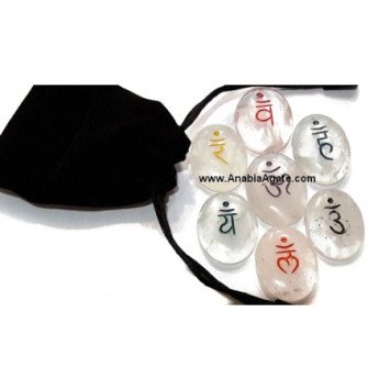 Crystal Quartz Chakra Colored Sanskrit Oval Set with Velvet Pouch