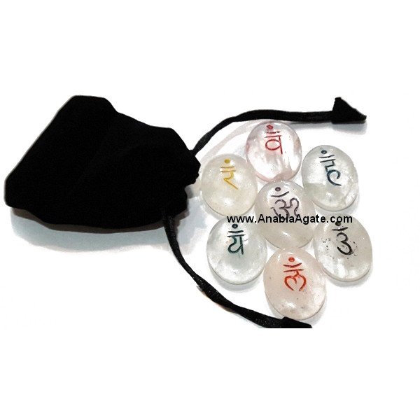 Crystal Quartz Chakra Colored Sanskrit Oval Set with Velvet Pouch
