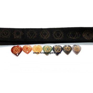 Chakra Engraved Heart Set with Velvet Purse - Balancing Energy Stones