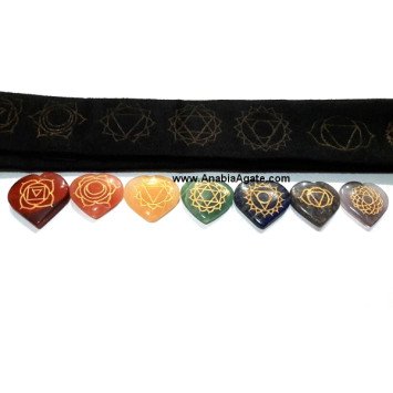 Chakra Engraved Heart Set with Velvet Purse - Balancing Energy Stones