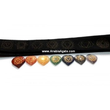 Chakra Engraved Heart Set with Velvet Purse - Balancing Energy Stones