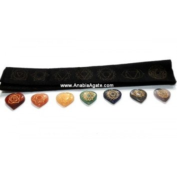 Chakra Engraved Heart Set with Velvet Purse - Balancing Energy Stones