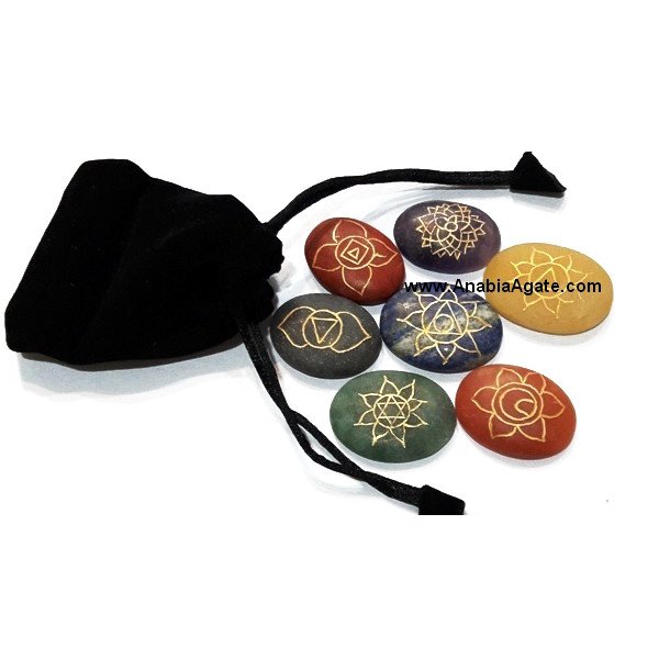 Chakra Engraved Unpolished Oval Set with Pouch | Crystal Healing Stones