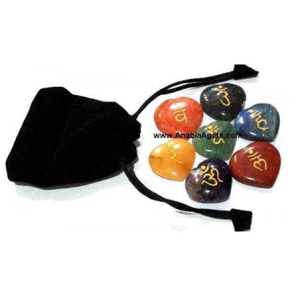 Chakra Sanskrit Engraved Heart Set with Pouch - Handcrafted Healing Crystals