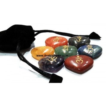Chakra Sanskrit Engraved Heart Set with Pouch - Handcrafted Healing Crystals