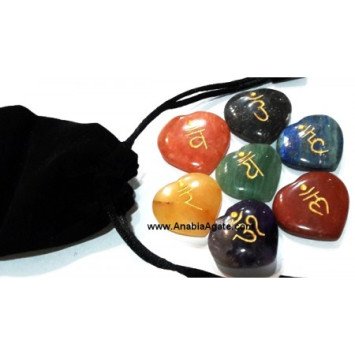 Chakra Sanskrit Engraved Heart Set with Pouch - Handcrafted Healing Crystals