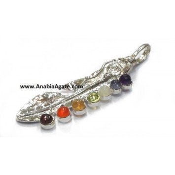 Metal Leaf Pendant with Chakra Cabochons - Unique Spiritual Jewelry
