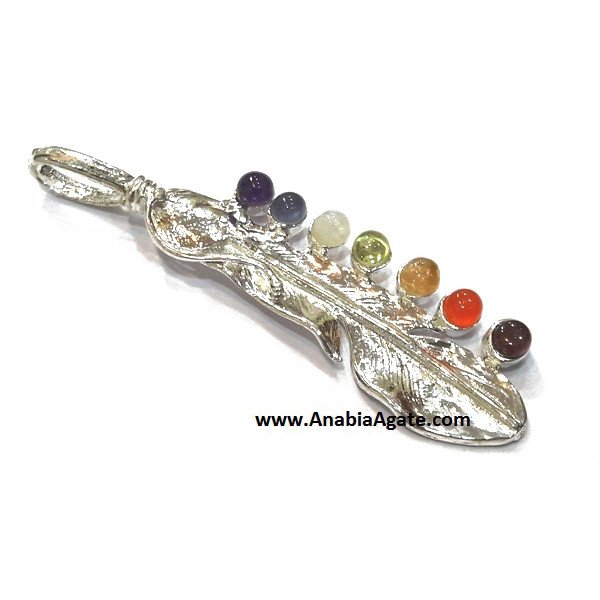 Metal Leaf Pendant with Chakra Cabochons - Unique Spiritual Jewelry