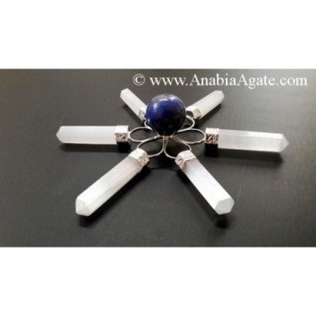 White Selenite Pencil Energy Generator with Lapis Lazuli Small Sphere