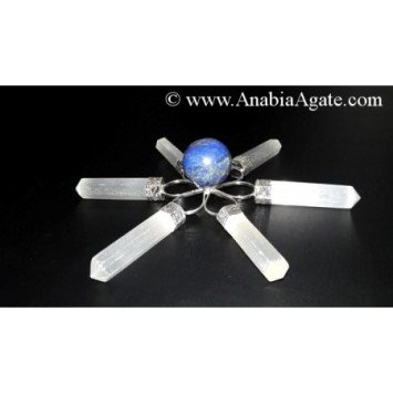 White Selenite Pencil Energy Generator with Lapis Lazuli Small Sphere