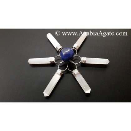 White Selenite Pencil Energy Generator with Lapis Lazuli Small Sphere
