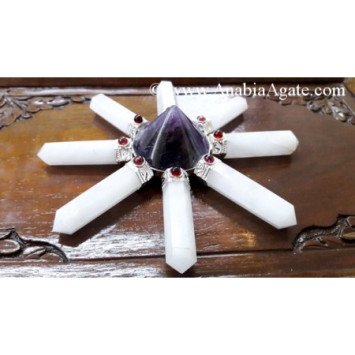 White Agate Pencil Energy Generator with Amethyst Conical Pyramid