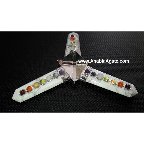 Howlite Flat Stick Chakra Energy Generator with Crystal Quartz Tetrahedron