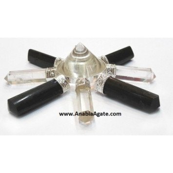 Crystal Quartz & Black Tourmaline 4x4 Pencil Energy Generator with Conical Crystal Pyramid