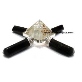Black Tourmaline Pencil Energy Generator with Engraved Om Crystal Pyramid