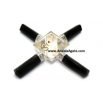 Black Tourmaline Pencil Energy Generator with Engraved Om Crystal Pyramid