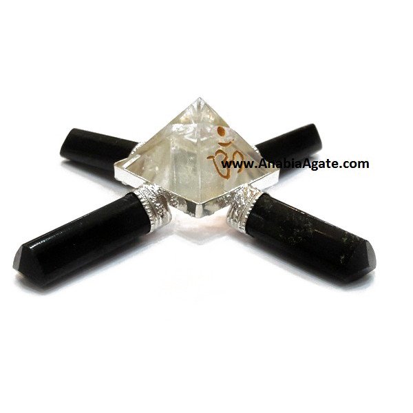 Black Tourmaline Pencil Energy Generator with Engraved Om Crystal Pyramid