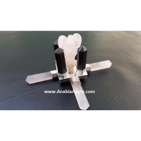 Rose Quartz Pencil & Black Tourmaline Antenna Energy Generator with Rose Quartz Angel in Center