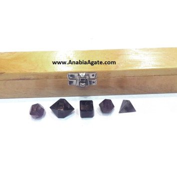 Amethyst 5 Pcs Sacred Geometry Set with Wooden Box | Crystal Healing Stones