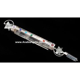 Crystal Quartz Chakra Healing Stick with 2 Spinning Merkaba and Pencil Point