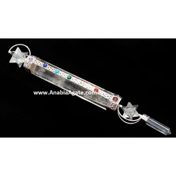 Crystal Quartz Chakra Healing Stick with 2 Spinning Merkaba and Pencil Point
