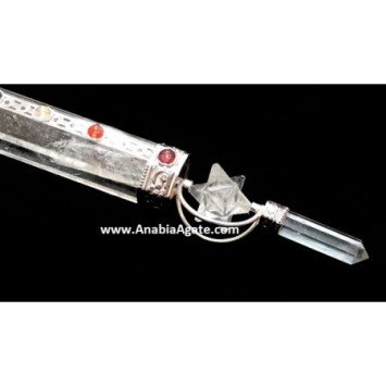 Crystal Quartz Chakra Healing Stick with 2 Spinning Merkaba and Pencil Point
