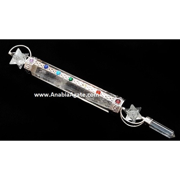 Crystal Quartz Chakra Healing Stick with 2 Spinning Merkaba and Pencil Point
