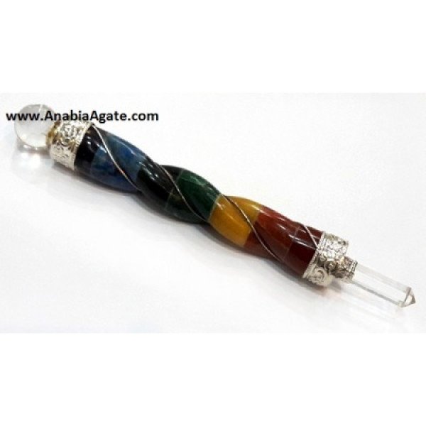 Chakra Bonded Twisted Wire Wrapped Healing Stick with Crystal Ball and Point