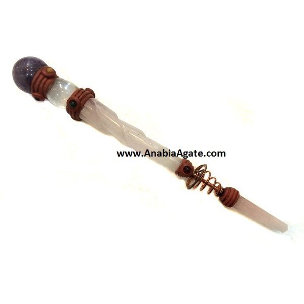 Rose Quartz Carved Tibetan Healing Stick with Copper Spring