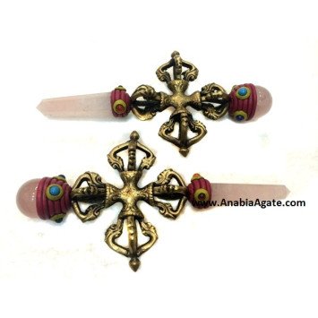 Vajra Tibetan Healing Stick with Rose Quartz Ball and Pencil Point - Holistic Healing Tools