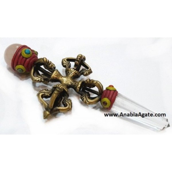 Vajra Tibetan Healing Stick with Rose Quartz Ball & Crystal Quartz Pencil Point