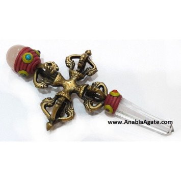 Vajra Tibetan Healing Stick with Rose Quartz Ball & Crystal Quartz Pencil Point