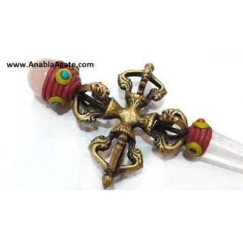 Vajra Tibetan Healing Stick with Rose Quartz Ball & Crystal Quartz Pencil Point