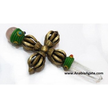 Double Dorje Vajra Tibetan Healing Stick with Rose Quartz Ball & Crystal Quartz Point