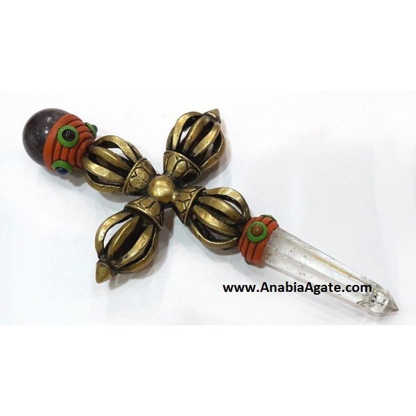 Tibetan Style Dorje Vajra Healing Stick With Crystal Quartz Pencil Point