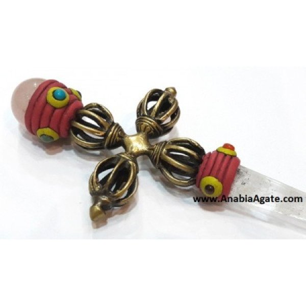 Tibetan Vajra Healing Stick With Rose Quartz Ball & Crystal Quartz Pencil Point