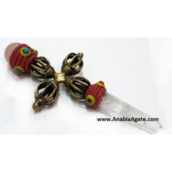 Tibetan Vajra Healing Stick With Rose Quartz Ball & Crystal Quartz Pencil Point