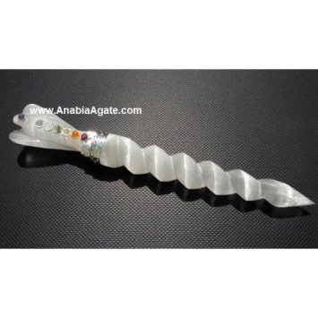 Selenite Carved Chakra Healing Wand with Selenite Angel - Crystal Energy Healing Tool