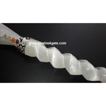 Selenite Carved Chakra Healing Wand with Selenite Angel - Crystal Energy Healing Tool