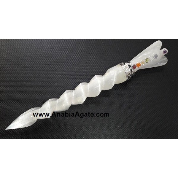 Selenite Carved Chakra Healing Wand with Selenite Angel - Crystal Energy Healing Tool