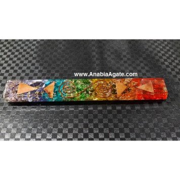 Chakra Layered Dyed Orgone Flat Stick with Copper Coil and Triangles - Energize Your Space