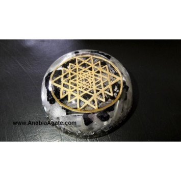 Selenite and Black Tourmaline Orgone Dome with Metal Shri Yantra Symbol