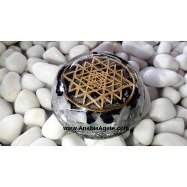 Selenite and Black Tourmaline Orgone Dome with Metal Shri Yantra Symbol