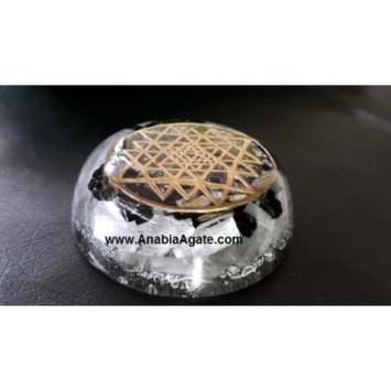 Selenite and Black Tourmaline Orgone Dome with Metal Shri Yantra Symbol